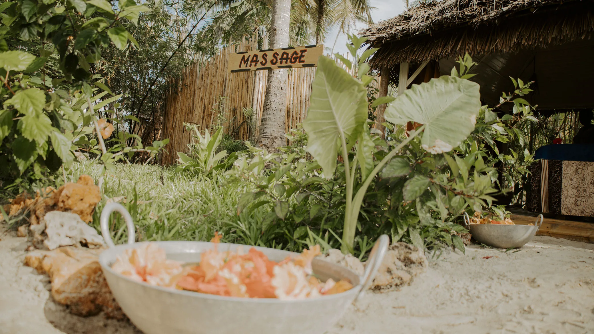 The spa at The Nest, steps from the beach — massages and treatments before the ceremony