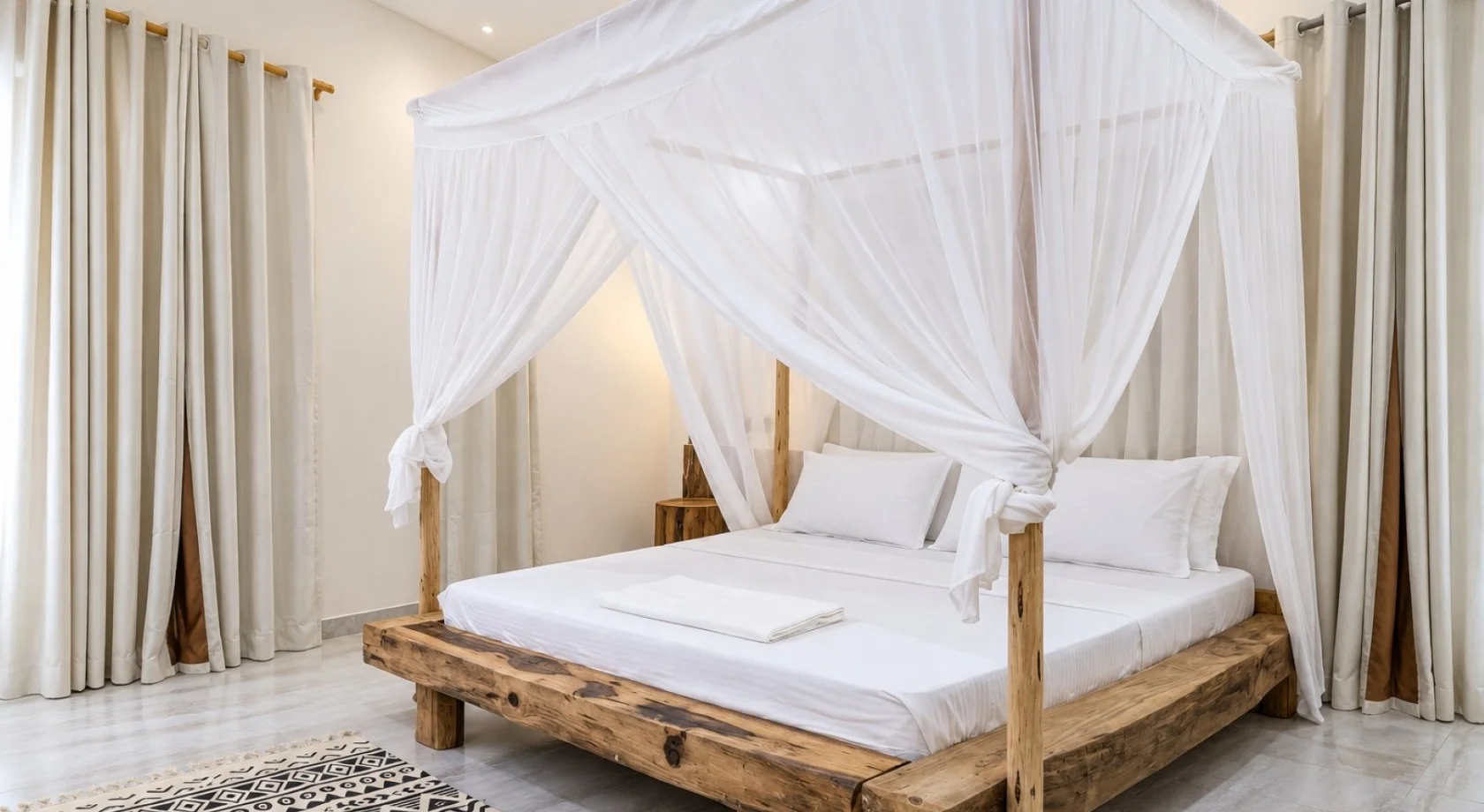 Bedroom with a four-poster bed of rough solid wood under a white mosquito net