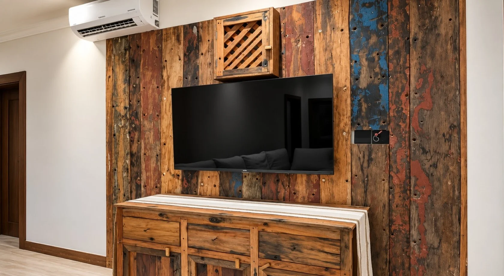 Wall of painted reclaimed wood with a flat-screen TV above a wooden sideboard